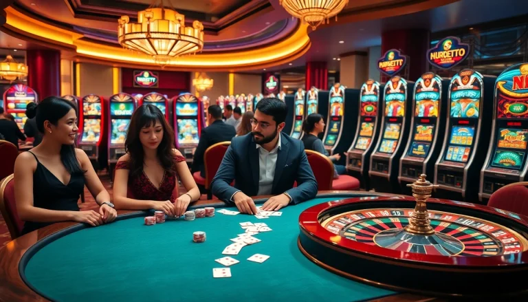 Engage in the excitement of pg slot demo at a vibrant casino scene with players and slot machines.