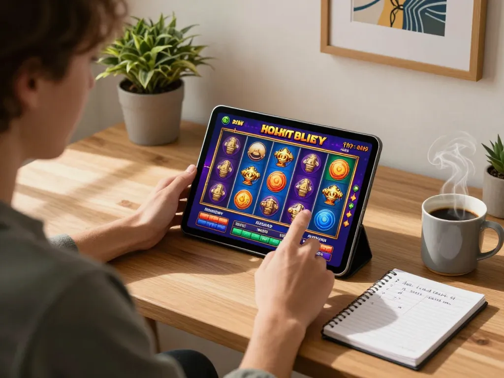 Engaging with slot online gaming on a tablet in a cozy home environment, showcasing strategic thinking.