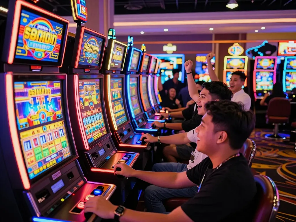 Players enjoying slot gacor games on lively casino floor with colorful machines