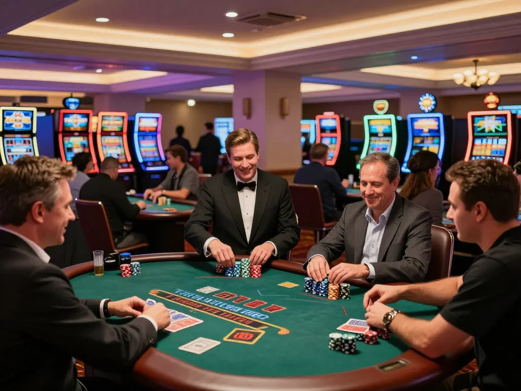 xz88 players enjoying blackjack at a dynamic casino floor with professional dealers.