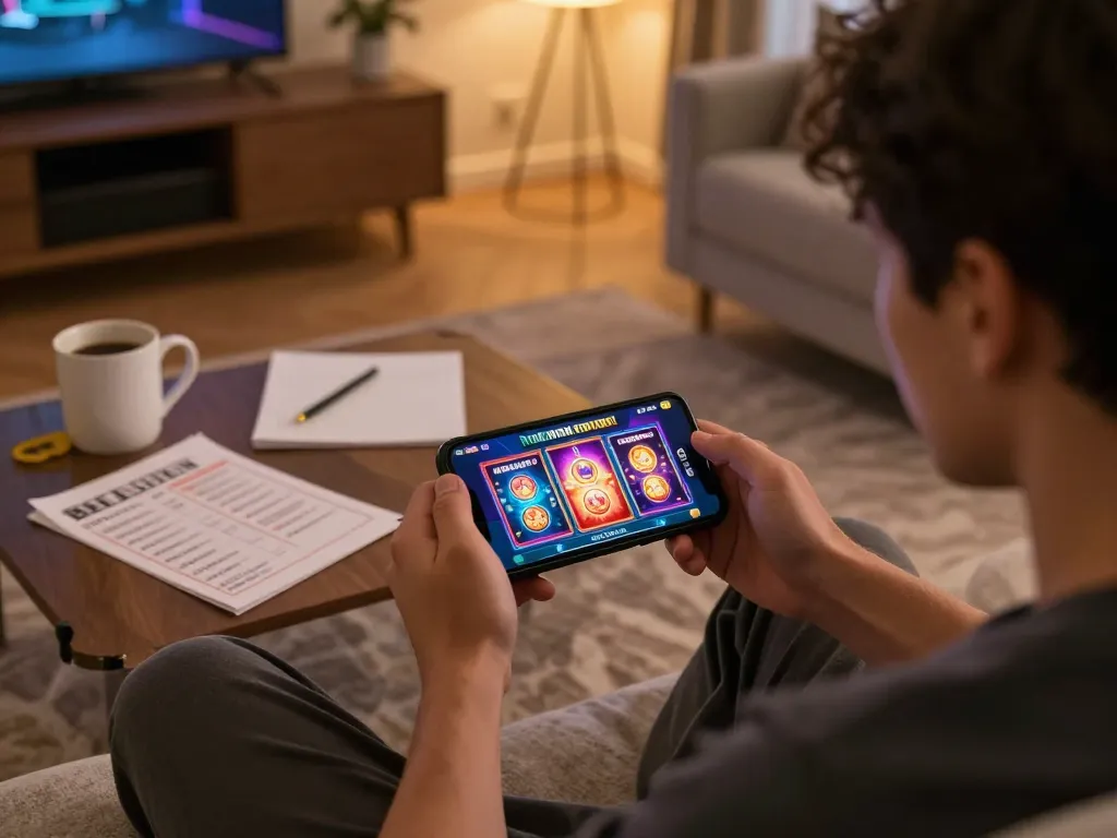 Engaging gameplay on dewa slot mobile app in comfortable home setting, capturing excitement of online slots