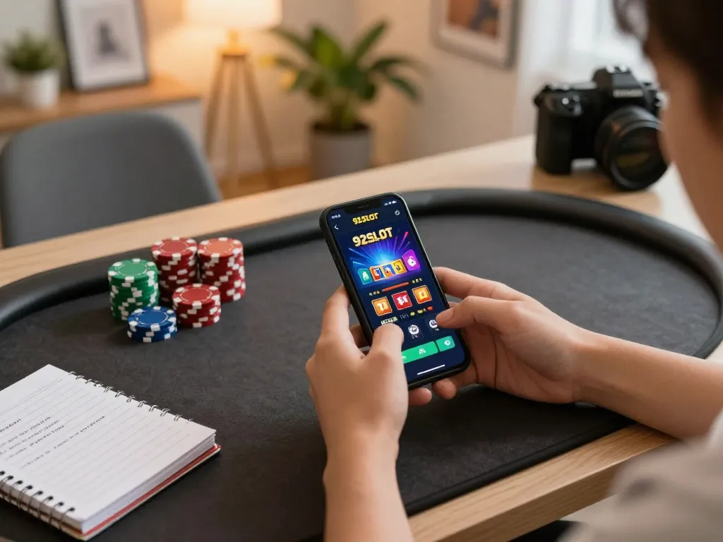Enjoying online gaming on the 92SLOT trang chủ mobile app with focused strategy notes and poker chips.