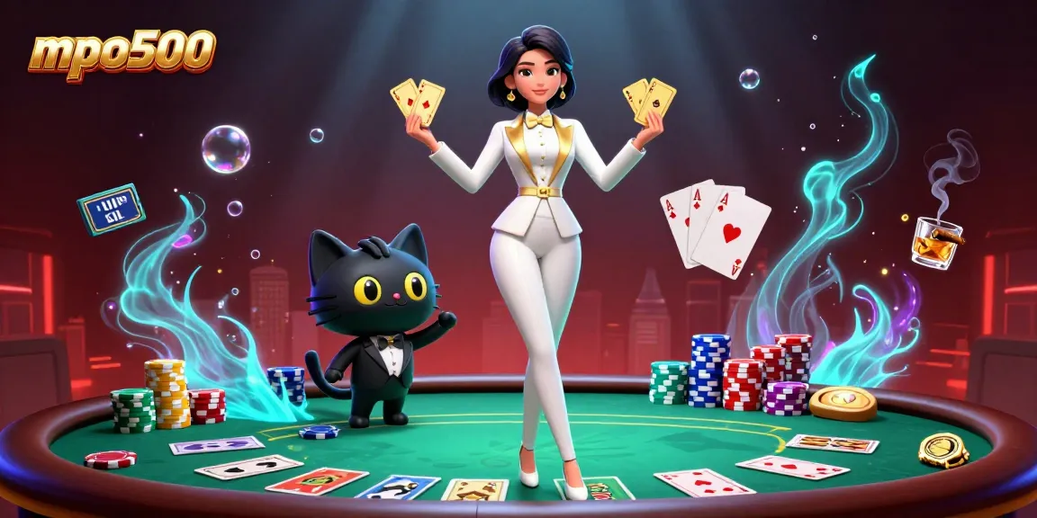 Shuffling cards and poker chips, mpo500 showcases a stylish casino setup with engaging gameplay.
