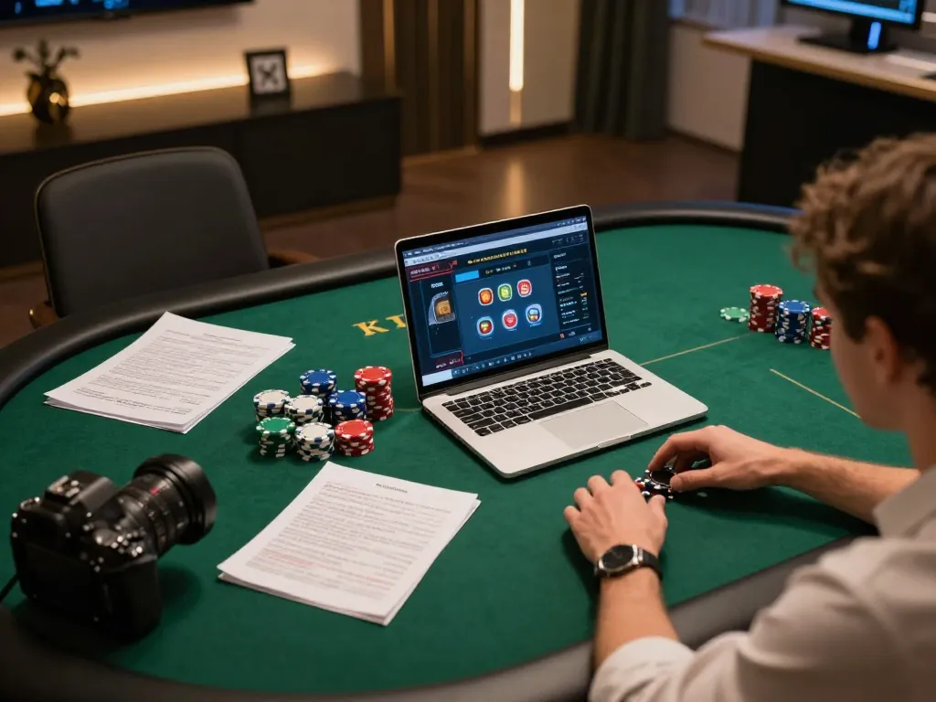 Engage in online poker with 79KING at a stylish gaming setup focusing on strategy and excitement.