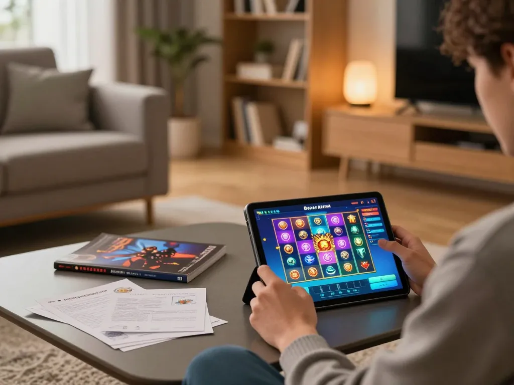 Engaging in a dewa slot session on a tablet in a cozy home environment with strategic notes.