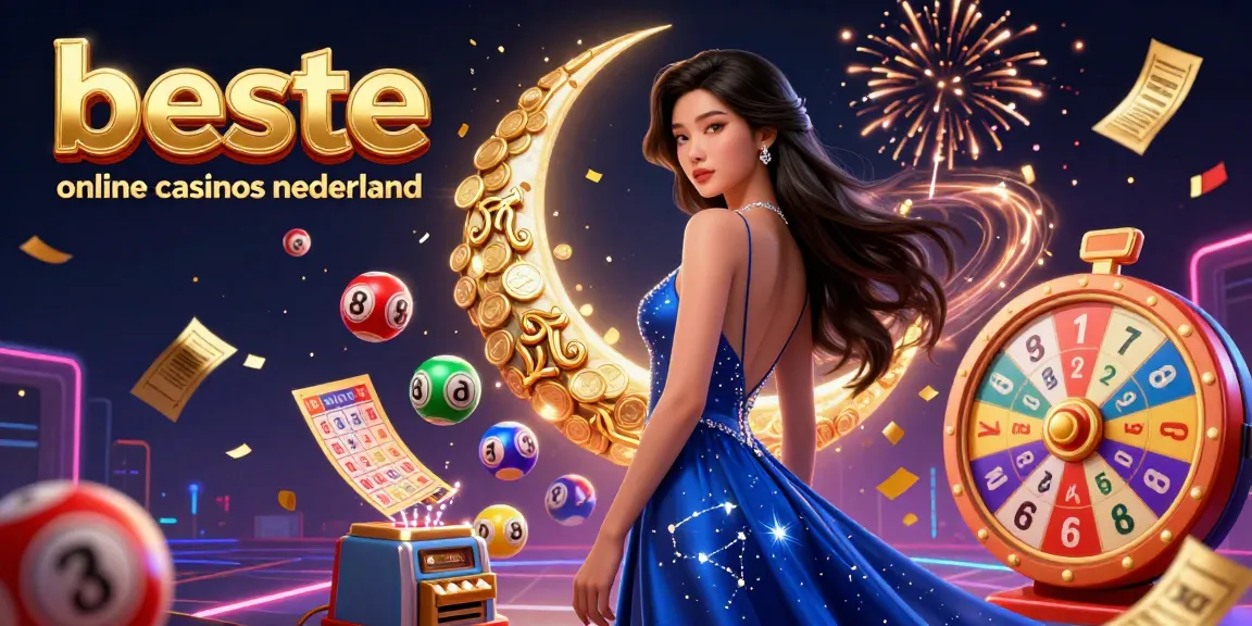 Engage with the beste online casinos nederland through a vibrant, festive lottery and casino illustration showcasing various exciting game elements.