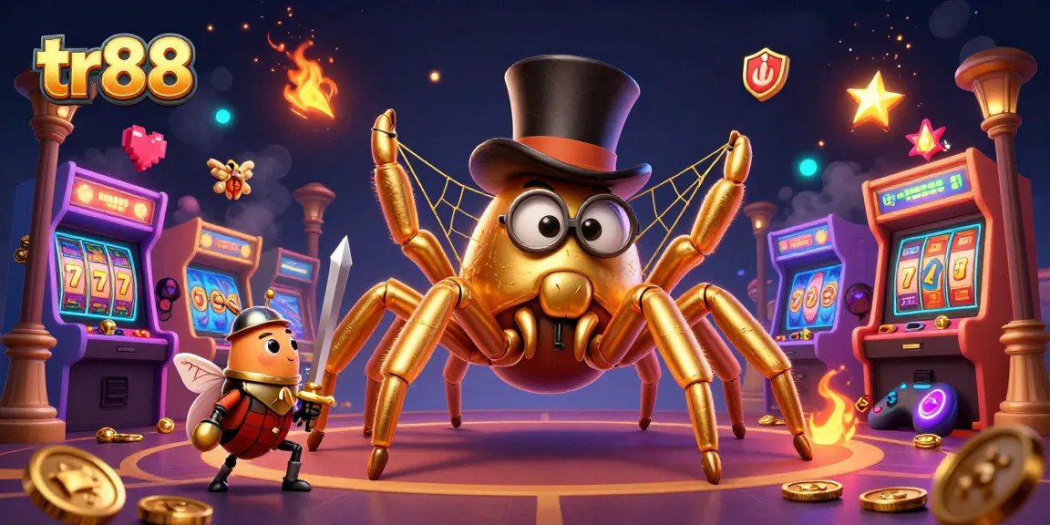 Engage with tr88's casino adventure featuring a golden tarantula and beetle knight amidst vibrant arcade games.
