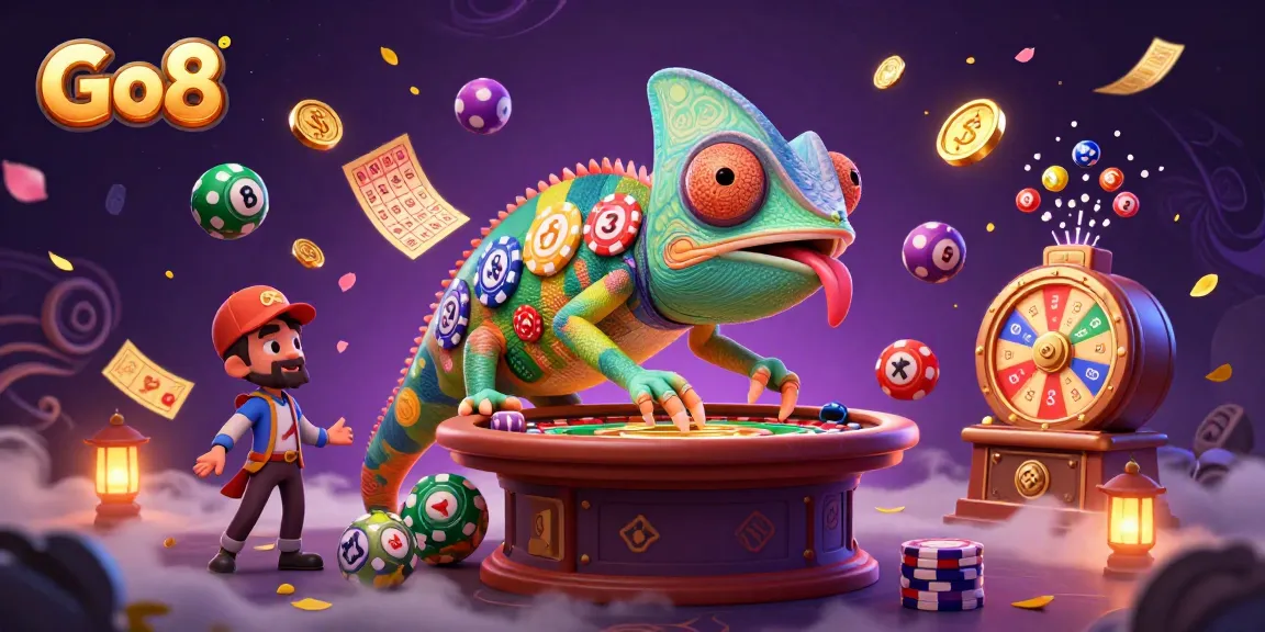 Experience thrilling moments at Go8 with a vibrant chameleon casino owner grabbing golden coins and colorful lottery elements.