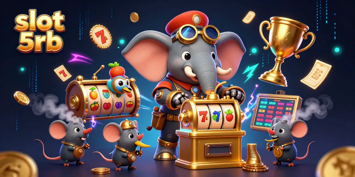 Engage with immersive slot 5rb action featuring a steampunk elephant operating a slot machine, surrounded by vibrant gaming elements.