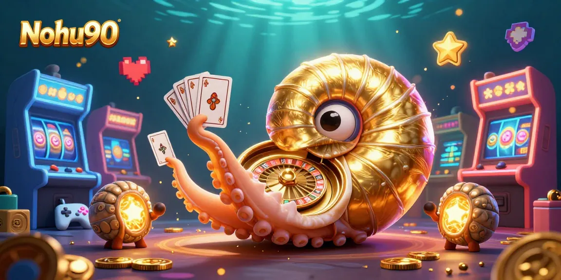 Nohu90 players engage with vibrant slot machines, featuring an ancient nautilus with glowing companions.