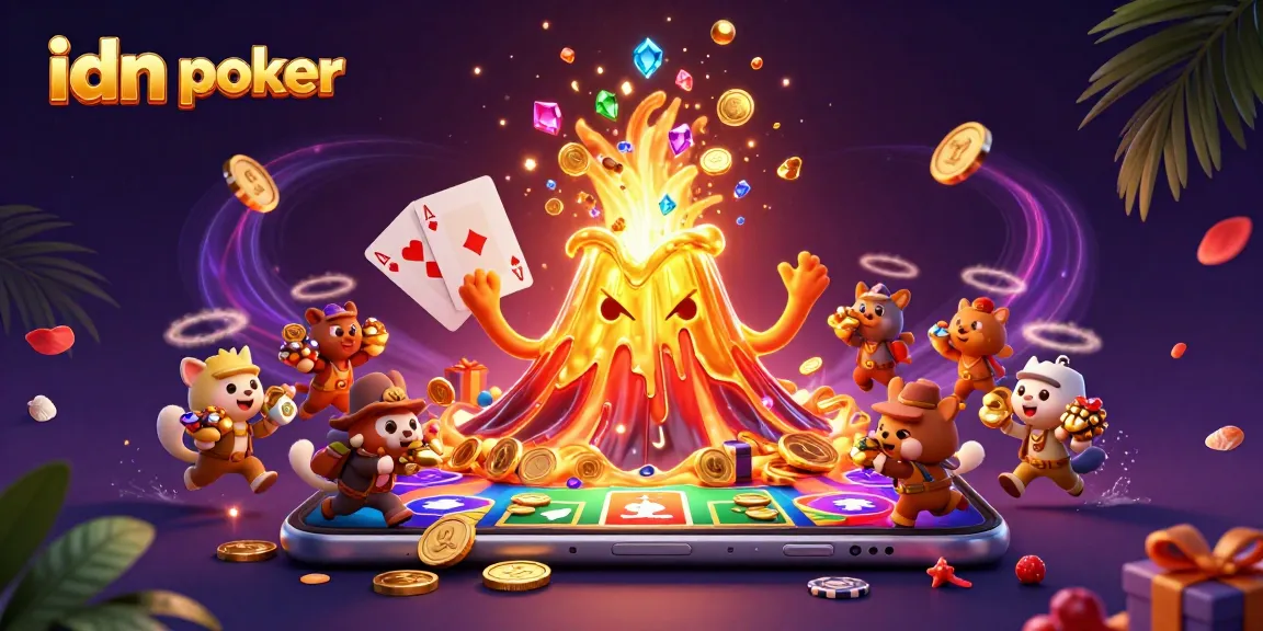 Join the excitement of idn poker with vibrant gaming elements and a treasure-filled scene!