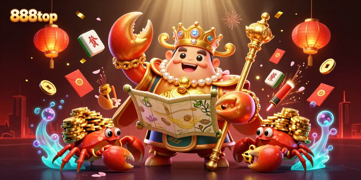 Experience the excitement at 888top with a vibrant 3D casino scene featuring a golden crab emperor.