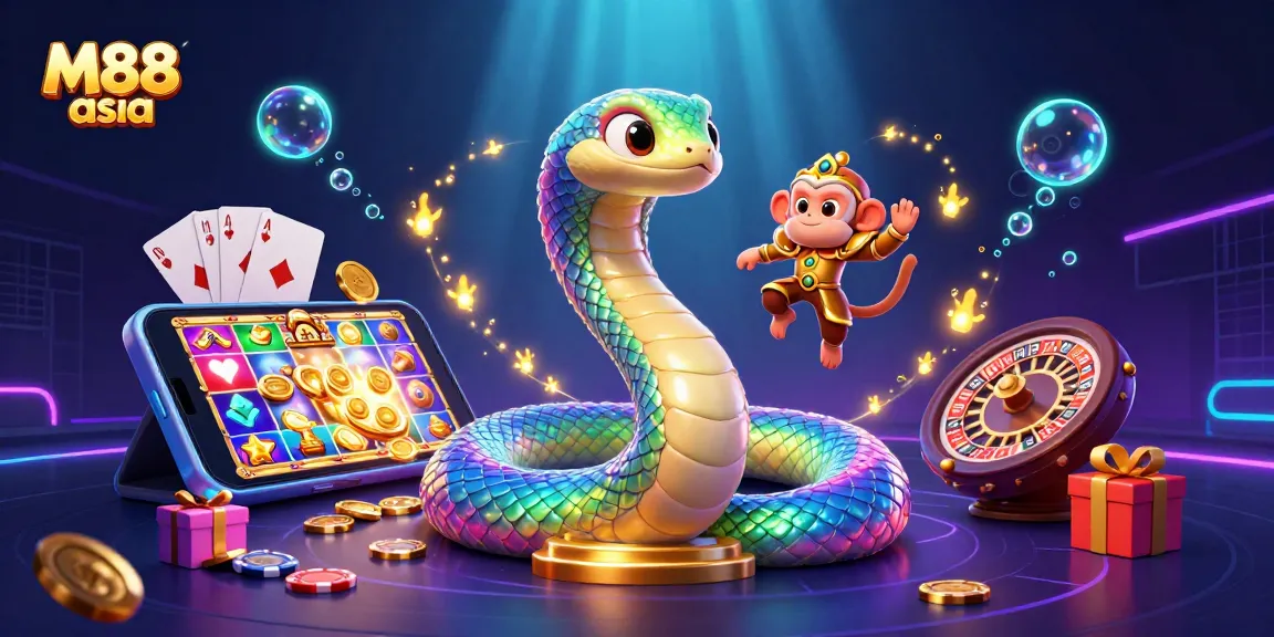 M88 asia showcases a vibrant casino scene with a rainbow serpent and monkey king, highlighting thrilling gaming elements.