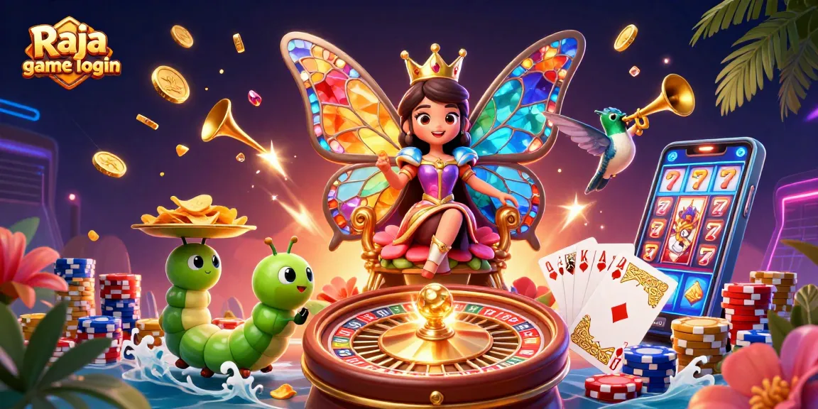 Engage with excitement at Raja game login as a vibrant butterfly queen oversees captivating games and gold.