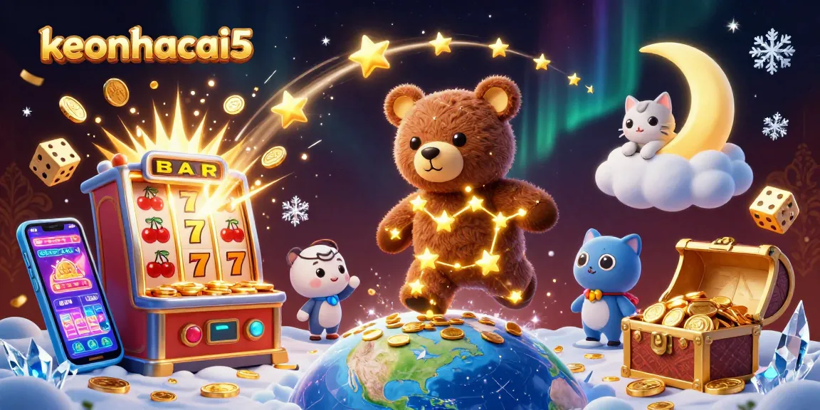 Engage with keonhacai5 in a lively scene featuring a constellation bear scooping coins amidst vibrant casino elements.