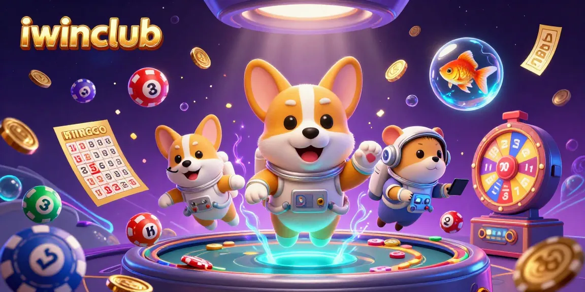 Iwinclub spins the excitement with a vibrant 3D casino scene featuring gaming elements and fun characters.