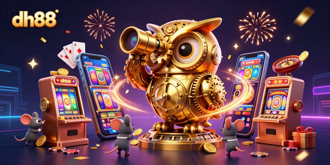 Experience thrilling gaming with dh88 as a golden owl oversees the vibrant casino scene.