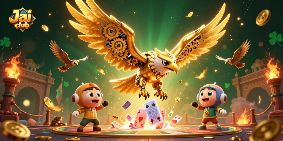 Experience the thrill of Jai club with a cybernetic eagle and holographic cards.