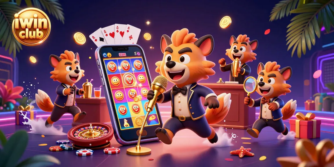 Engage with iwin club's vibrant casino scene featuring hyenas entertaining and mixing drinks.