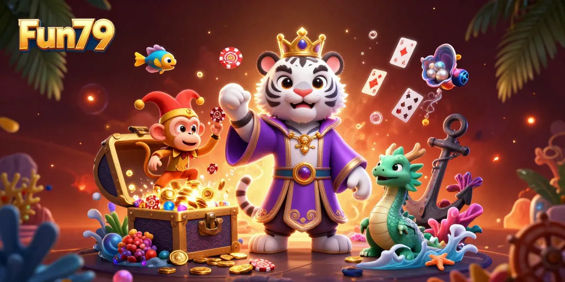 Engage with Fun79's thrilling gameplay surrounded by vibrant casino elements and lively characters.