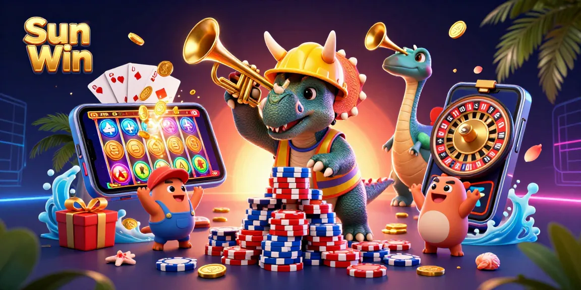 Celebrate winnings at Sun Win with a vibrant 3D scene featuring playful casino characters and games.