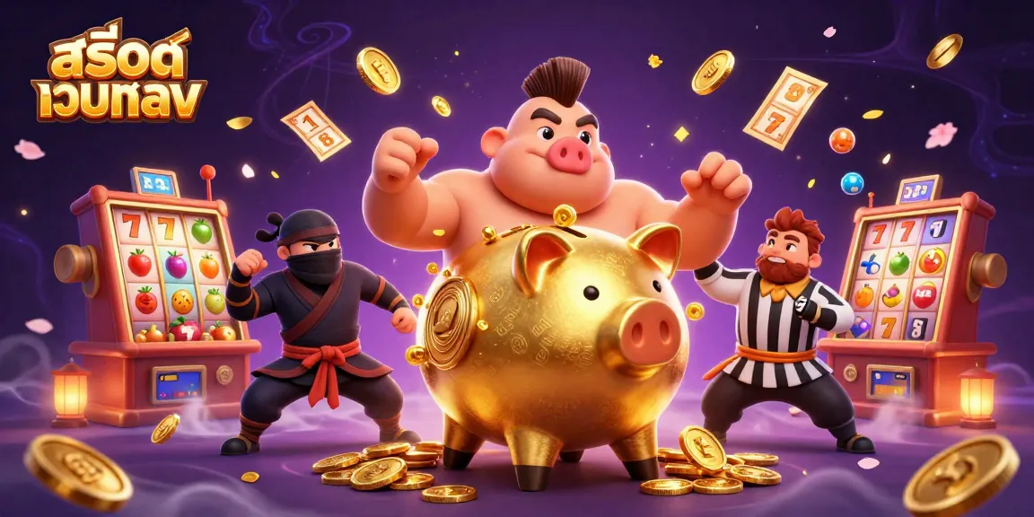 Experience exciting slot action with สล็อตเว็บตรง featuring a golden piggy bank, ninja, and samurai!