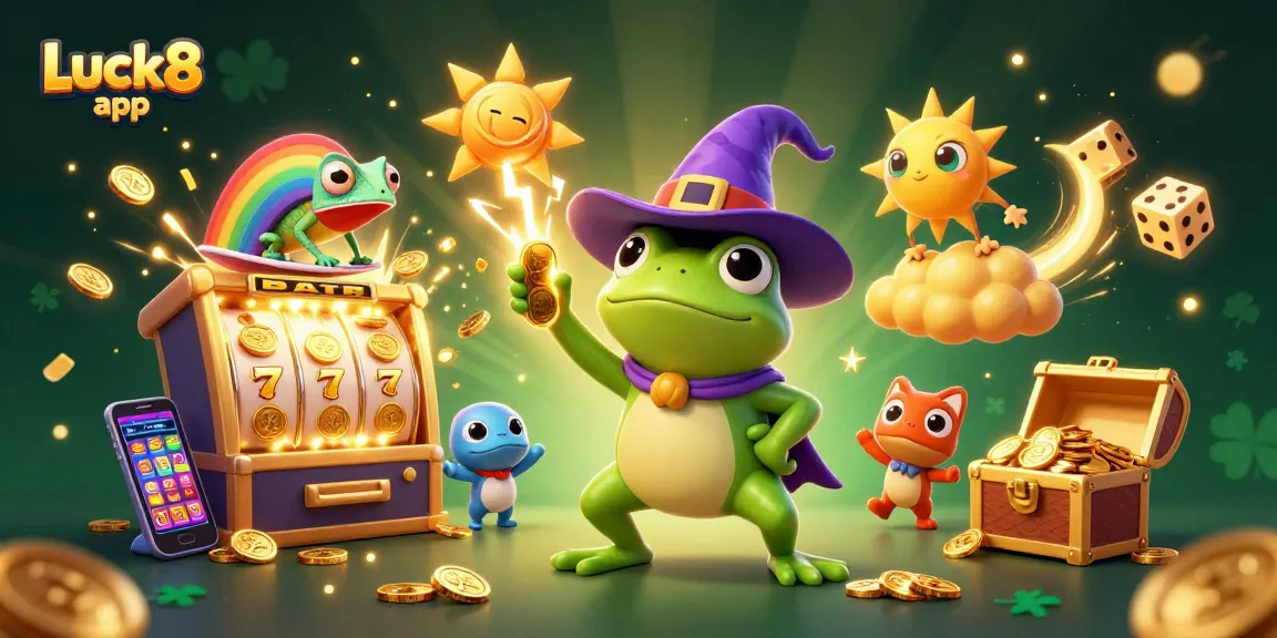 Experience the Luck8 app with a vibrant 3D illustration of a wizard frog and chameleon amid casino elements.