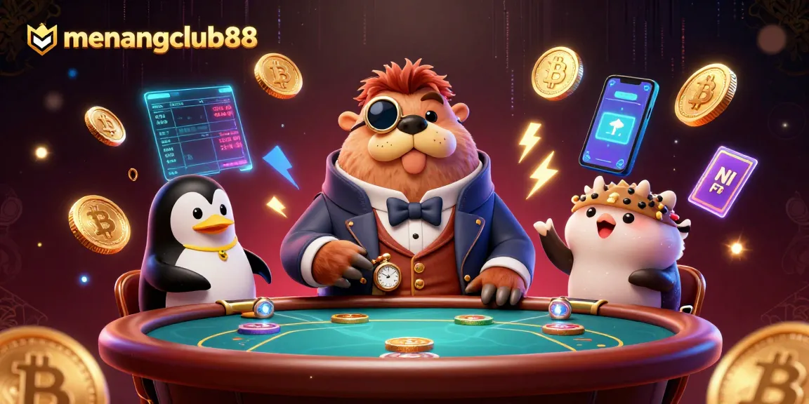 Join the thrilling action at menangclub88 with a jolly walrus and sophisticated penguin in a vibrant casino scene.