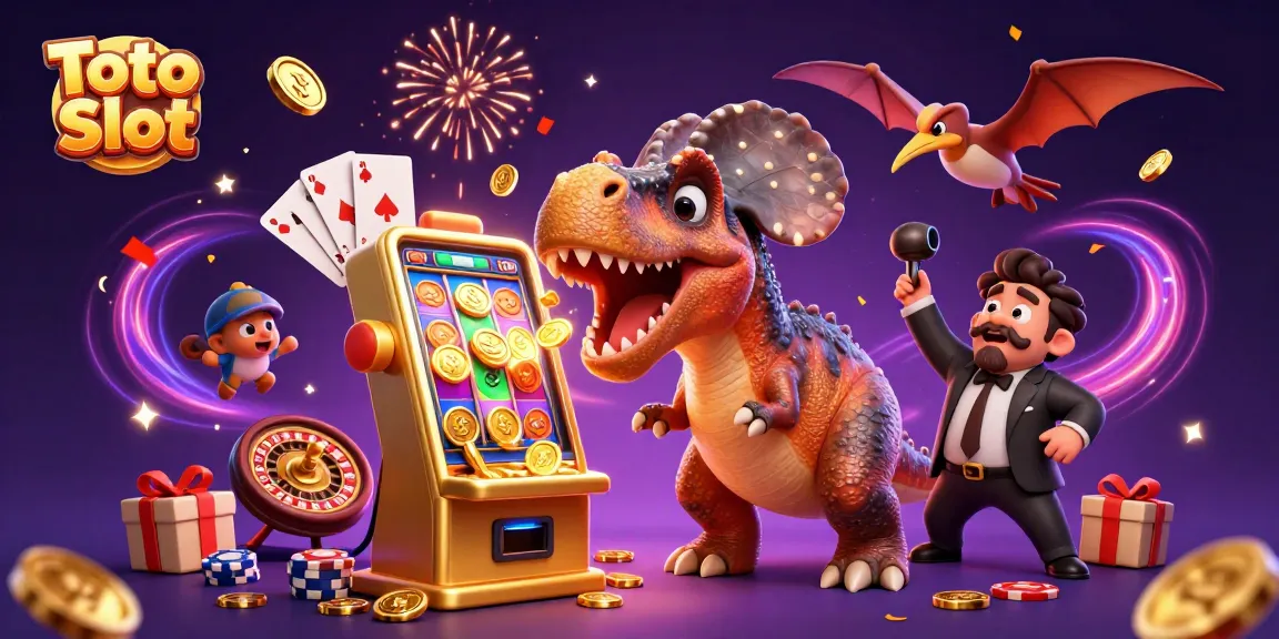 Experience the thrill of Toto Slot as a dinosaur wins jackpots amidst flying coins and colorful gaming elements.