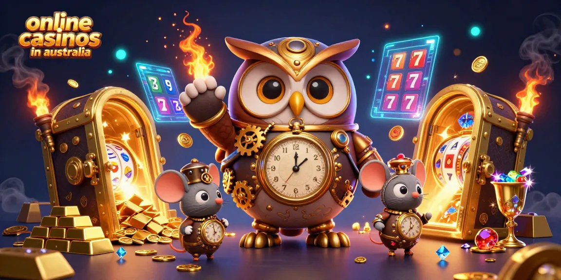 Explore the vibrant world of online casinos in Australia with a time-traveler owl amidst gold treasures and slot games.