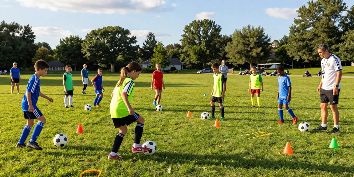 Children practicing soccer drills to learn more about teamwork and skills in a vibrant community park setting.
