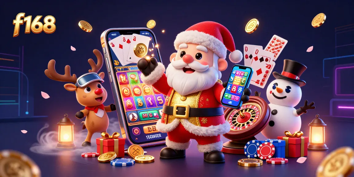 Experience the excitement of f168 with Santa and friends celebrating jackpot slots in a vibrant casino scene.
