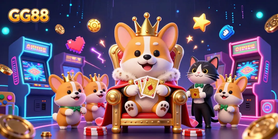 Experience thrilling gameplay with GG88's vibrant 3D illustration featuring a royal corgi in a lively casino environment.
