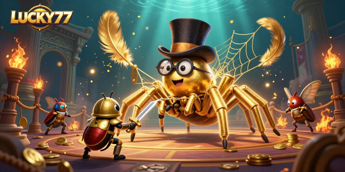 Experience the exciting world of LUCKY77 with a giant tarantula and beetle knight in a vibrant casino.