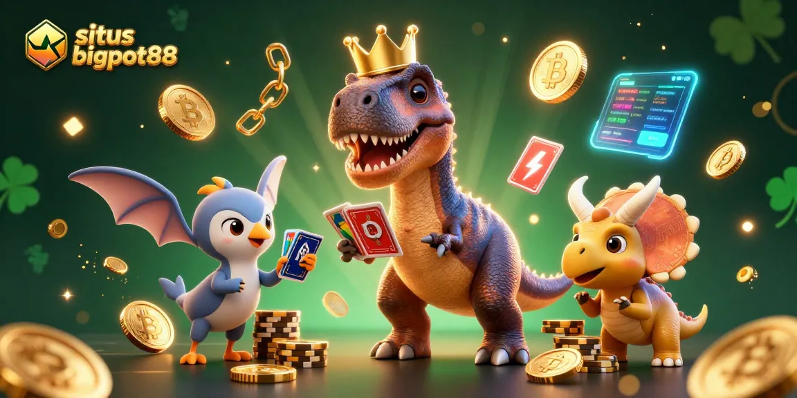 Situs bigpot88 showcases a T-Rex shuffling cards, assisted by a pterodactyl and a triceratops stacking chips.