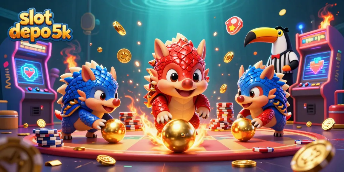 Spin the slots with slot depo 5k as rival pangolins battle in a vibrant casino scene filled with arcade elements.