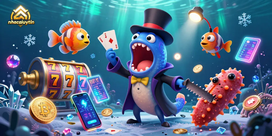 nhacaiuytin showcases a magical underwater casino scene combining cartoon characters and vibrant slot elements.